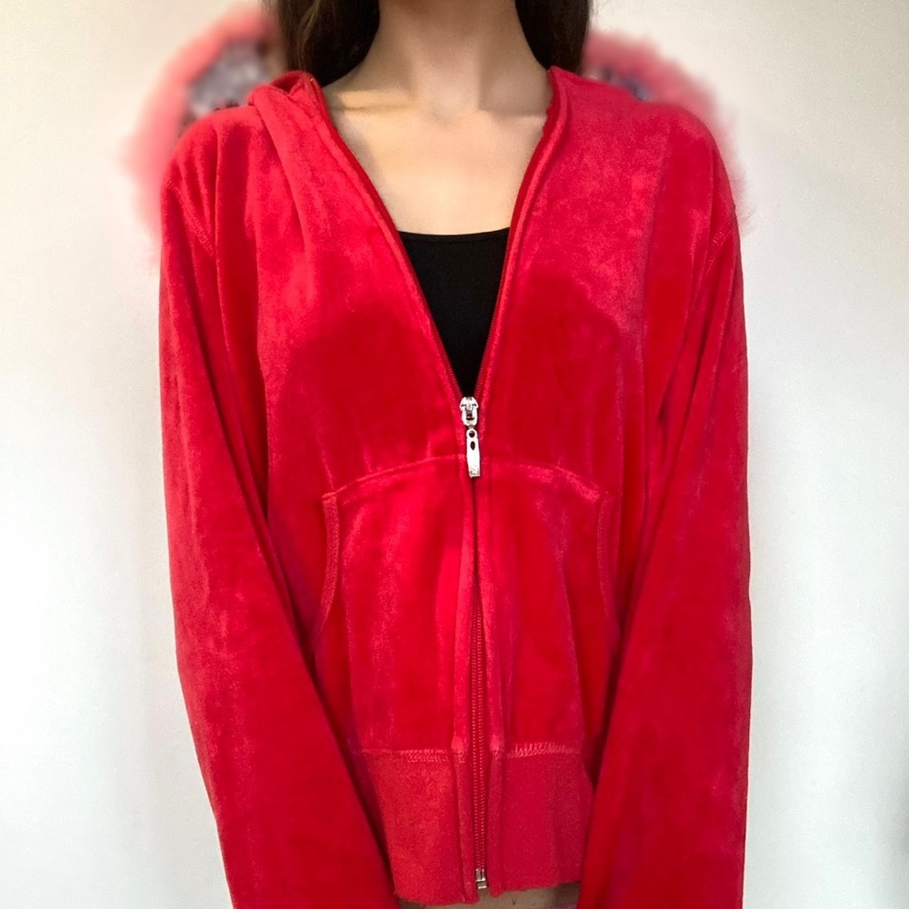 Y2k red velour zip up hoodie